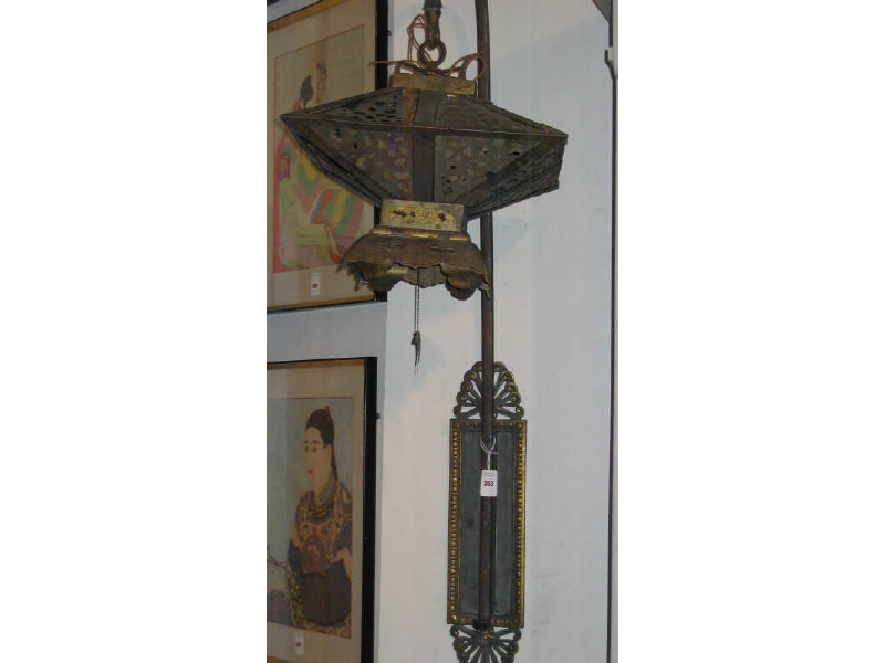 Appraisal: ASIAN BRASS WALL SCONCE Square fixture with pierced shade hangs