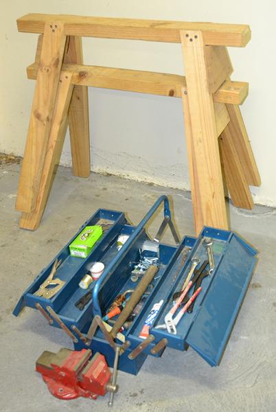 Appraisal: TWO SAW HORSES A TOOL BOX WITH A SMALL QUANTITY