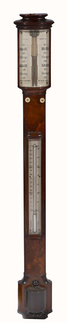 Appraisal: A TH CENTURY MAHOGANY BOW FRONT STICK BAROMETER the twin