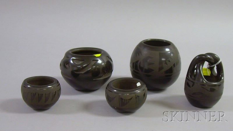 Appraisal: Five Southwest Blackware Pottery Bowls raised decoration bowl signed Angela