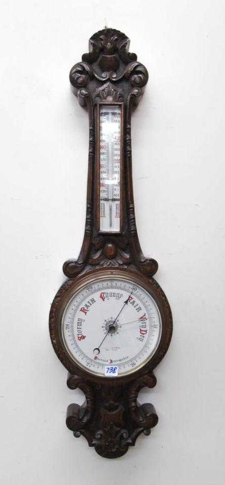 Appraisal: CARVED OAK BANJO THERMOMETER BAROMETER Lloyd Payne Amiel Manchester England