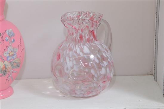 Appraisal: ART GLASS PITCHER Pink and white spatter glass with Coin