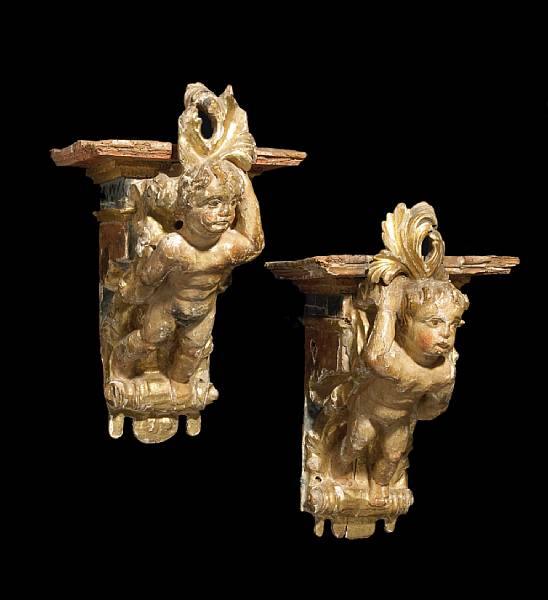 Appraisal: A pair of Italian polychrome and parcel gilt figural brackets