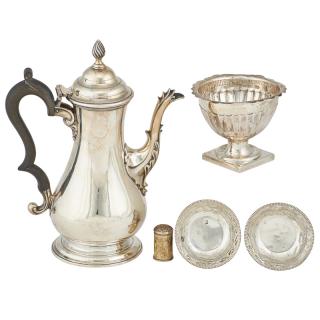 Appraisal: ENGLISH SILVER GROUPING ETC Five Baluster form coffee pot with