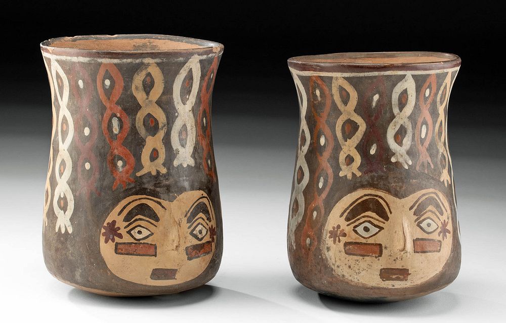 Appraisal: Matched Pair of Nazca Polychrome Keros w Trophy Heads Pre-Columbian