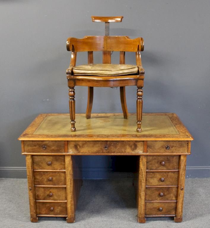 Appraisal: Antique Continental Leathertop Walnut Desk and Chair Desk has side