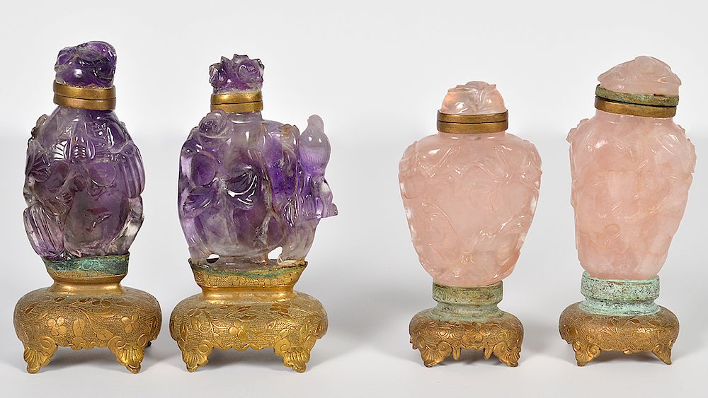 Appraisal: Rose Quartz Amethyst Chinese Snuff Bottles carved rose quartz and