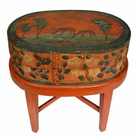 Appraisal: A German Folk Art Painted Bentwood Bride's Box on Stand