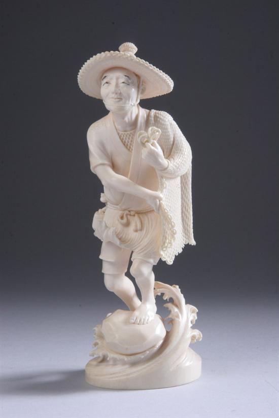 Appraisal: JAPANESE IVORY OKIMONO OF FISHERMAN Meiji period Standing on rockery