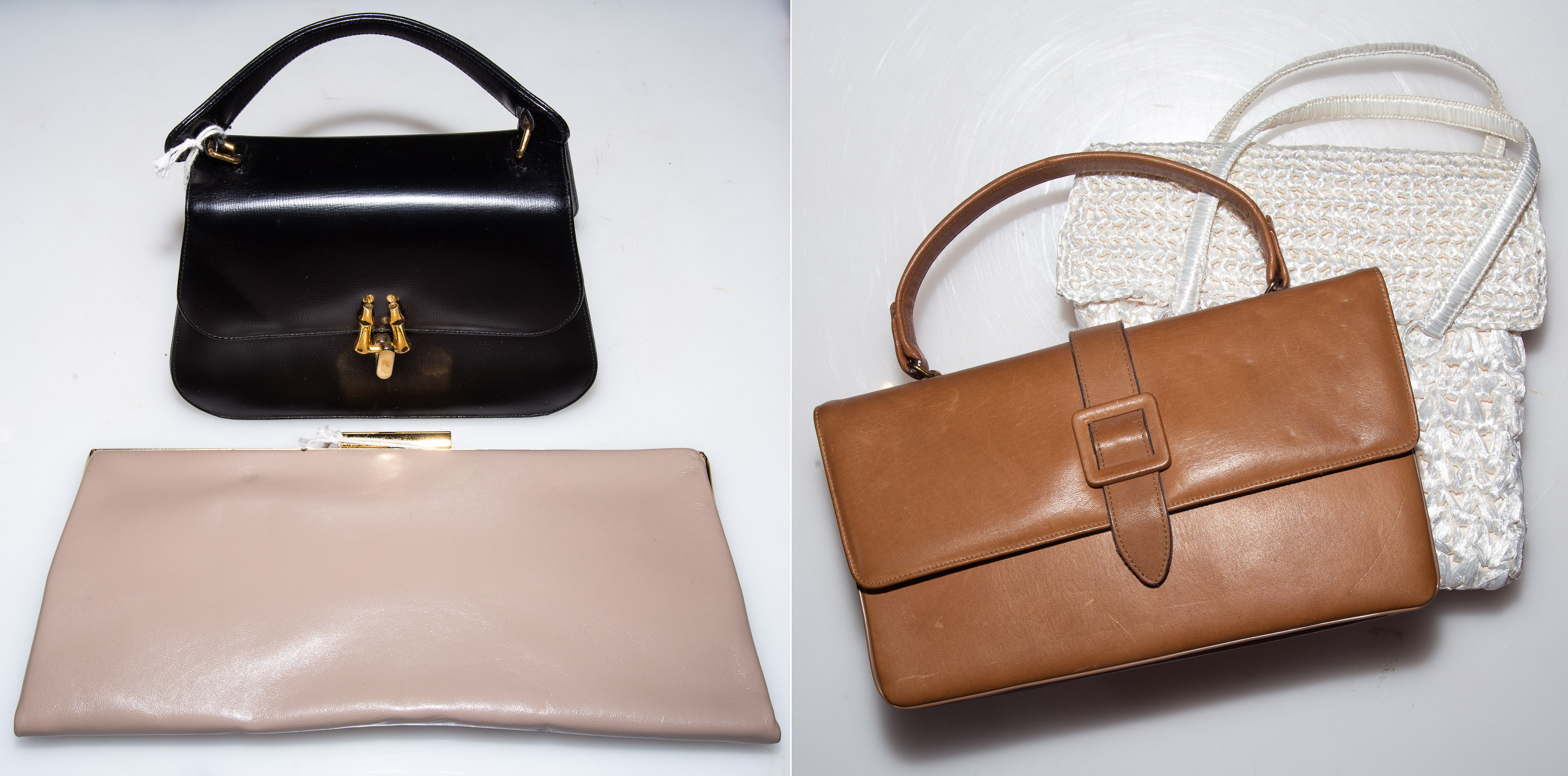 Appraisal: FOUR VINTAGE HANDBAGS including three leather and a Japanese raffia