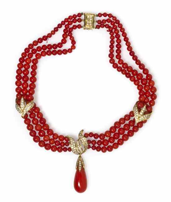 Appraisal: An Karat Yellow Gold Diamond and Coral Bead Necklace containing