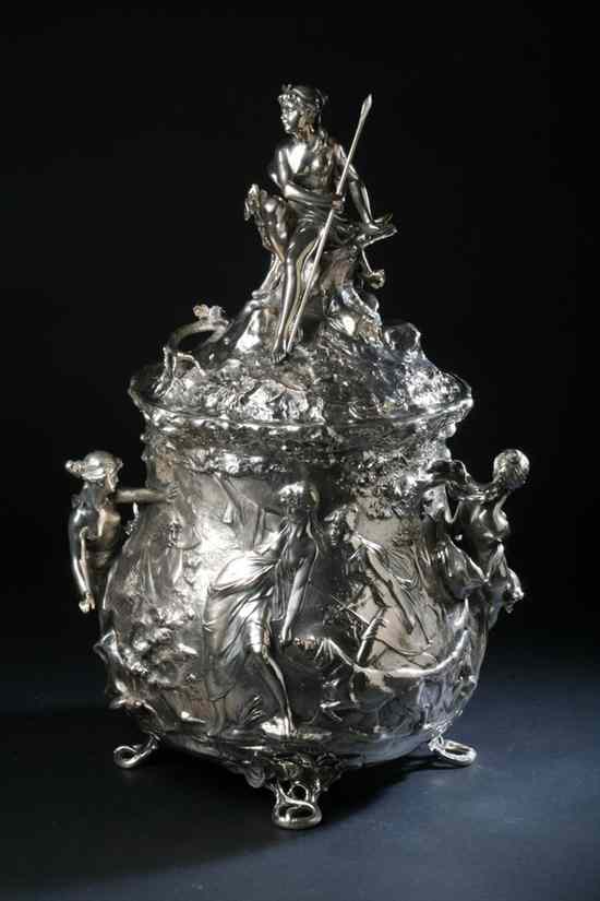 Appraisal: GERMAN SILVER PLATED FIGURAL PUNCHBOWL AND COVER Circa W rttembergische