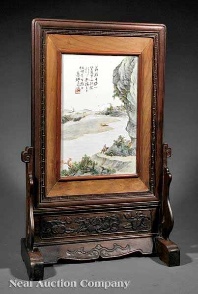 Appraisal: A Chinese Famille Verte Porcelain Inset Carved Wood Table Screen