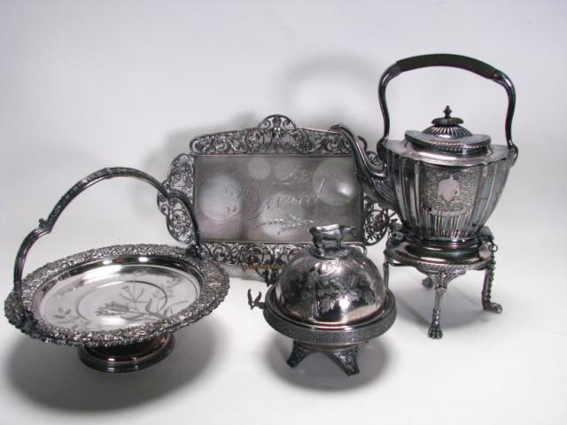 Appraisal: Group of Victorian silver plate including hot water kettle high