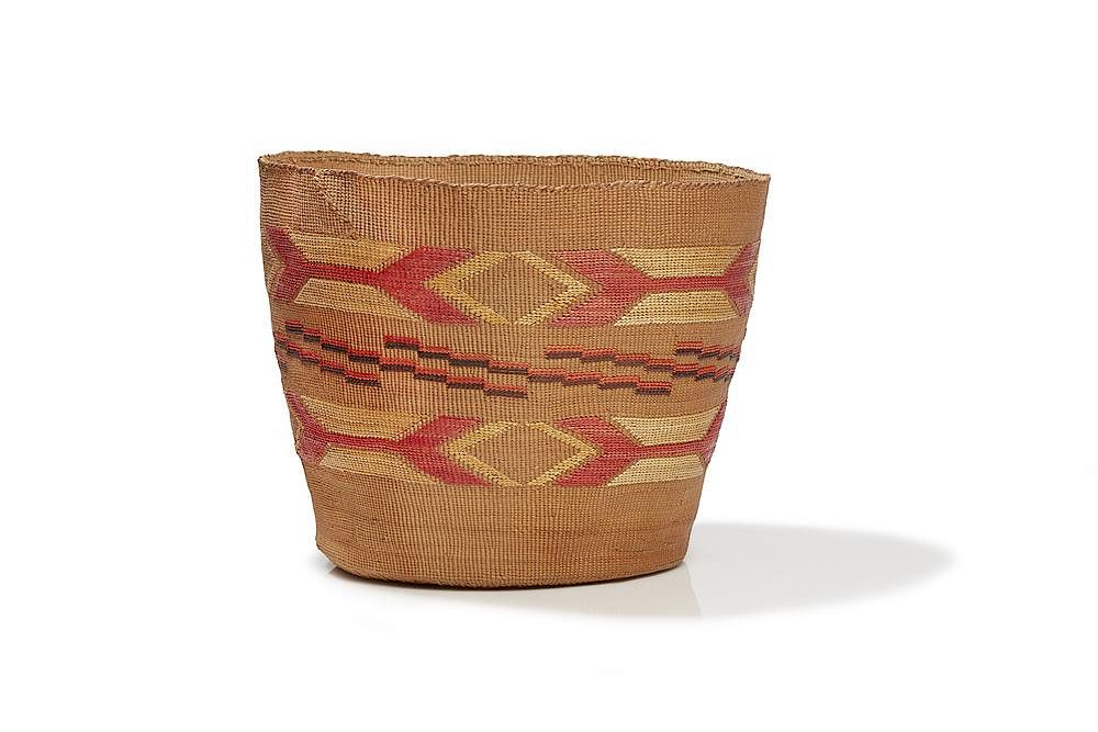 Appraisal: Tlinget Polychrome Twined Basket Tlinget polychrome twined basket accented by