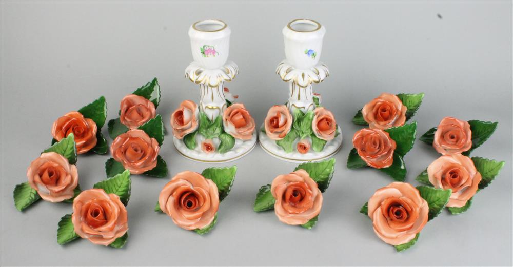 Appraisal: TWELVE HEREND PLACE CARD HOLDERS AND TWO CANDLESTICKS impressed and