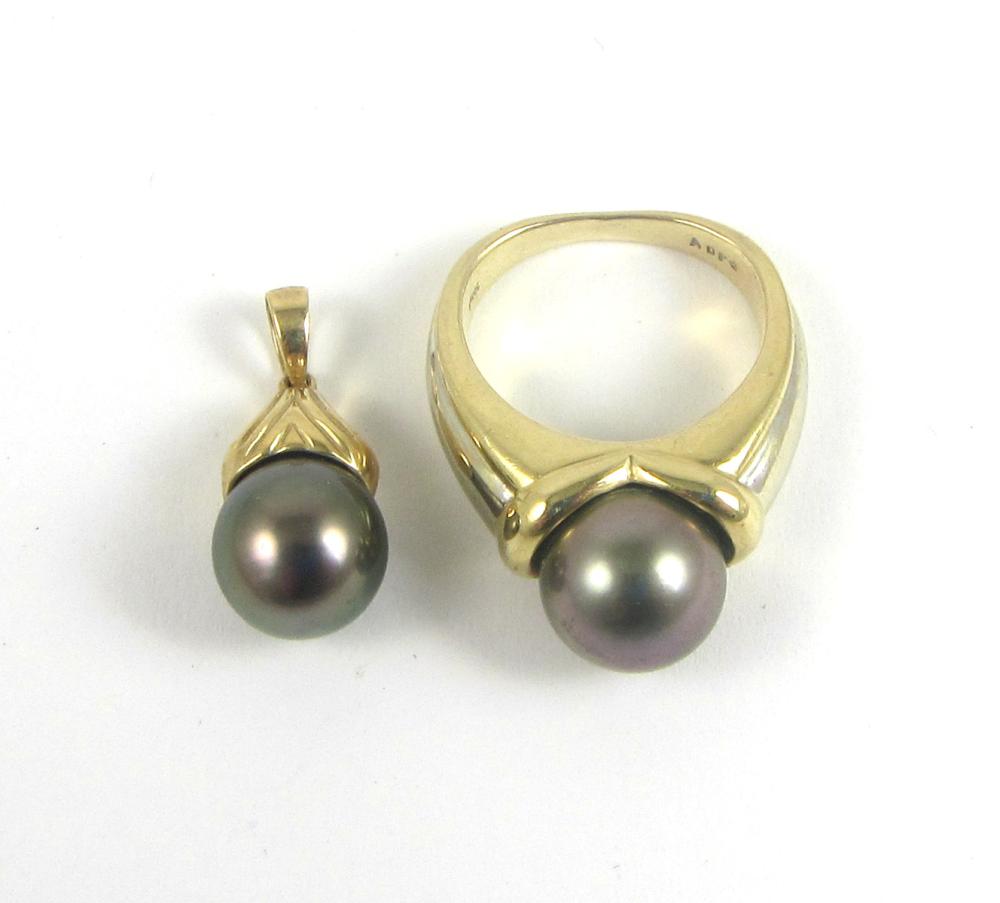 Appraisal: BLACK PEARL SOLITAIRE AND FOURTEEN KARAT GOLD RING AND PENDANT