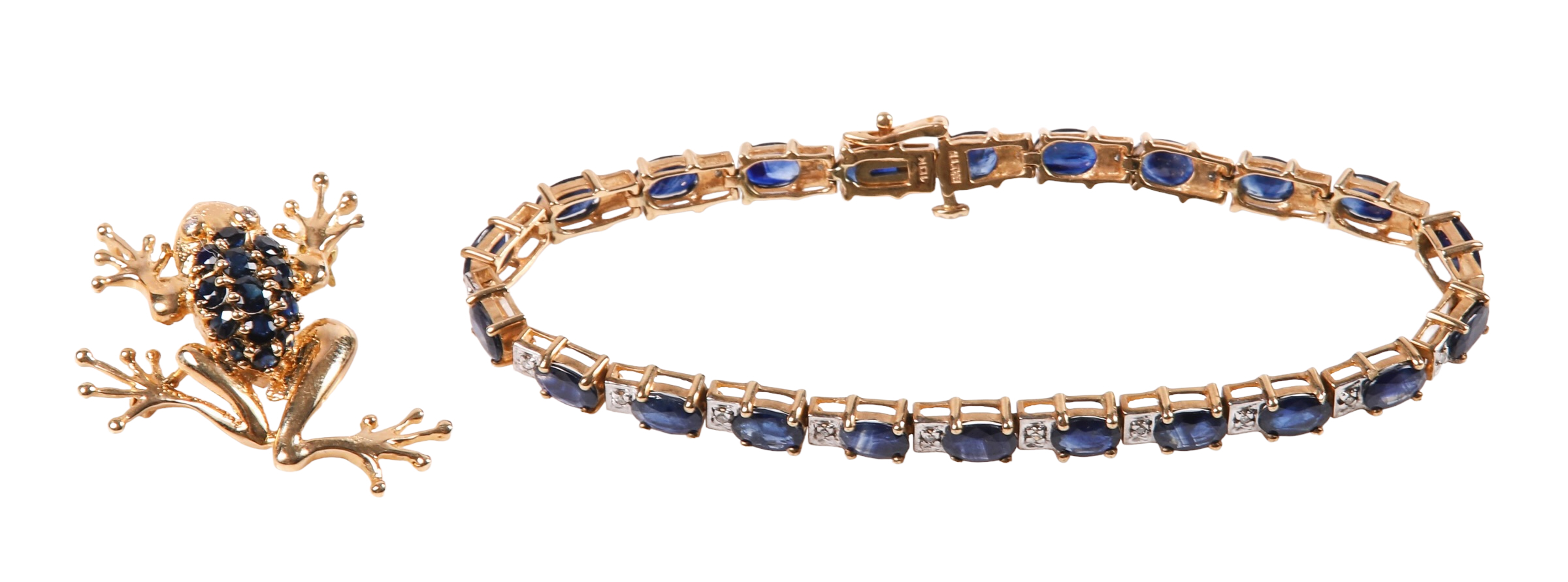 Appraisal: Sapphire tennis bracelet at frog brooch to include K yellow