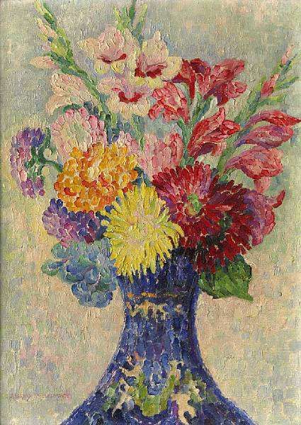 Appraisal: Jeanne Selmersheim-Desgranges French - Still life with gladiolus and zinnias