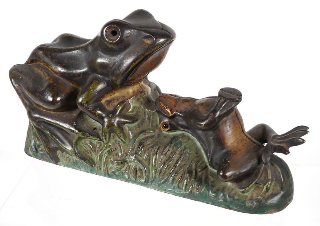 Appraisal: J E Stevens mechanical cast iron Two Frogs bank Measures