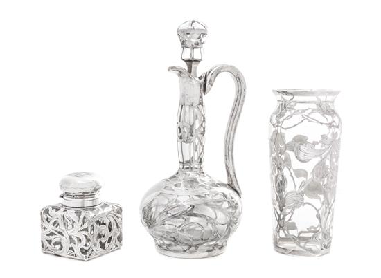 Appraisal: Sale Lot Three Art Nouveau Silver Overlay Glass Articles comprising