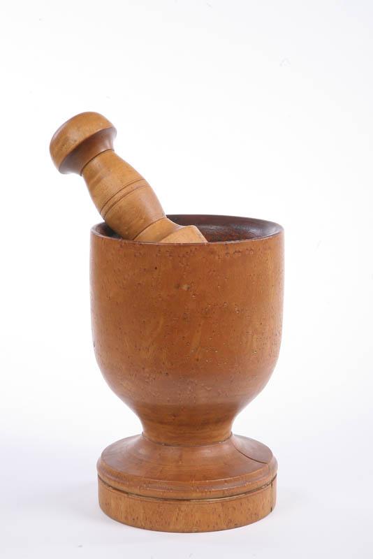 Appraisal: MORTAR AND PESTLE Large urn form mortar in birdseye maple