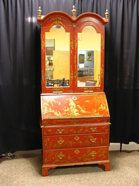 Appraisal: QUEEN ANNE STYLE RED JAPANNED SECRETARY The base is th