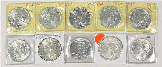 Appraisal: Ten Peace Dollars coins coins coins and coins Grade range