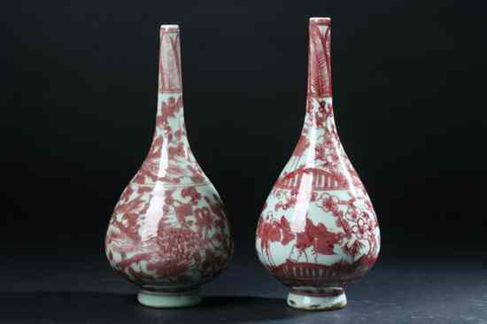 Appraisal: TWO CHINESE COPPER RED BOTTLE VASES Painted to depict a