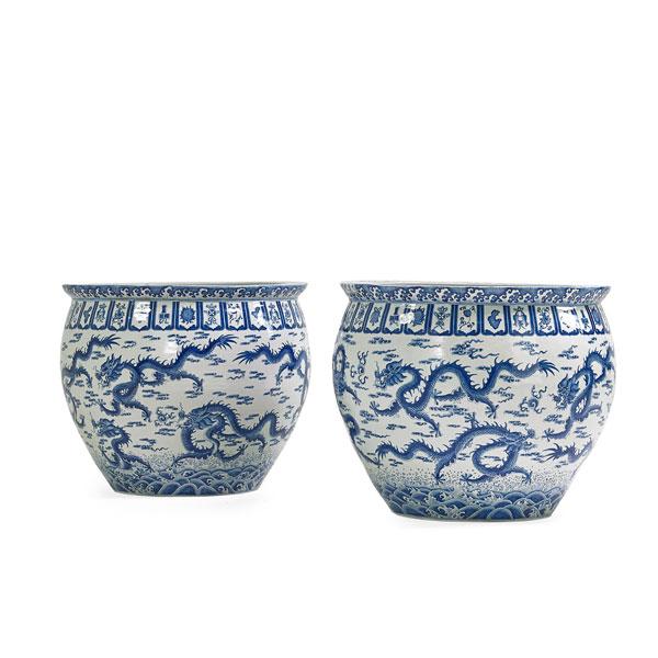 Appraisal: PAIR OF MONUMENTAL CHINESE EXPORT JARDINERES Blue and white painted