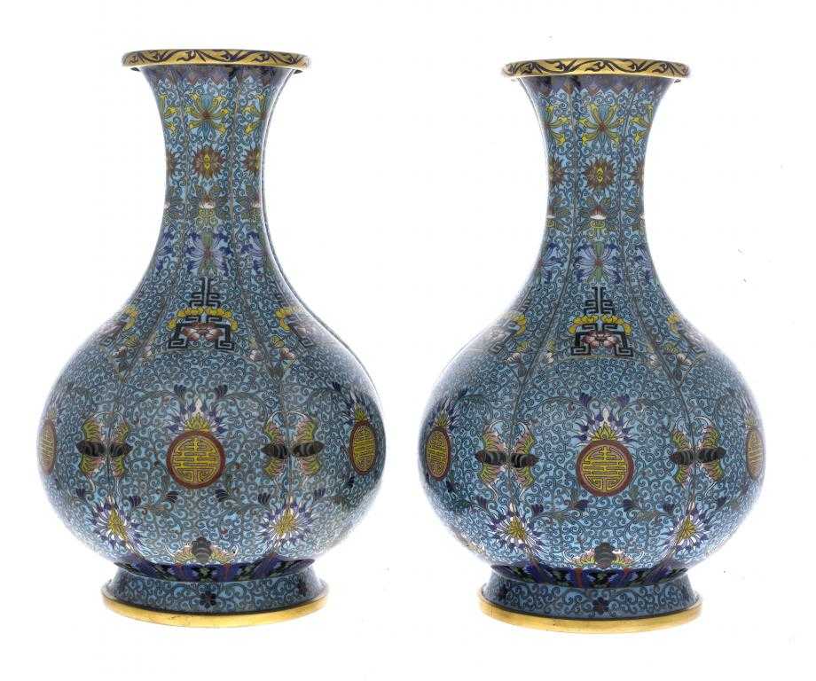 Appraisal: A PAIR OF CHINESE CLOISONNE ENAMEL VASES of lobed baluster