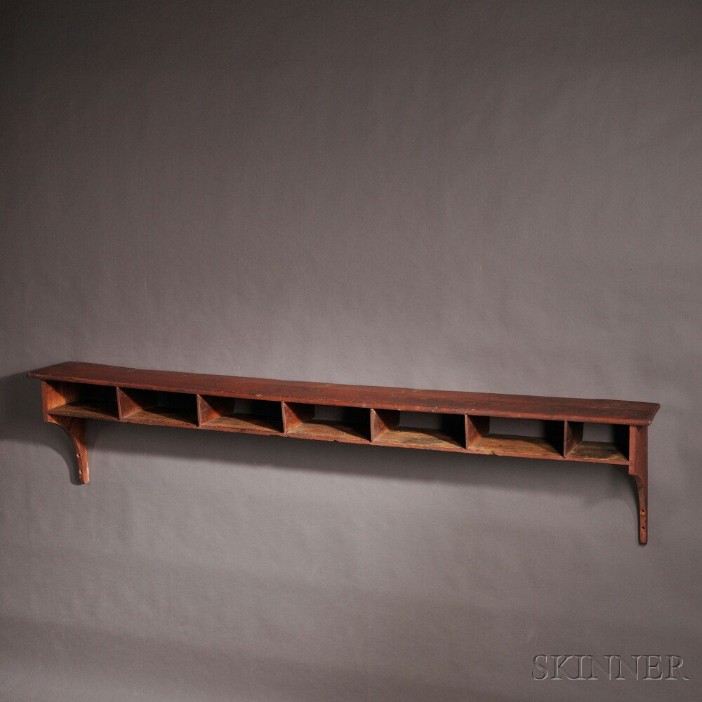 Appraisal: Shaker Red-painted Hanging Shelf th century the rectangular shelf above