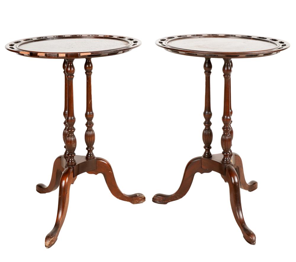 Appraisal: PAIR OF MAHOGANY ROUND TRIPOD TABLES th century illegible printed