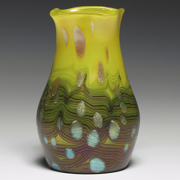 Appraisal: Fine Loetz vase bulbous shape with a squared rim and