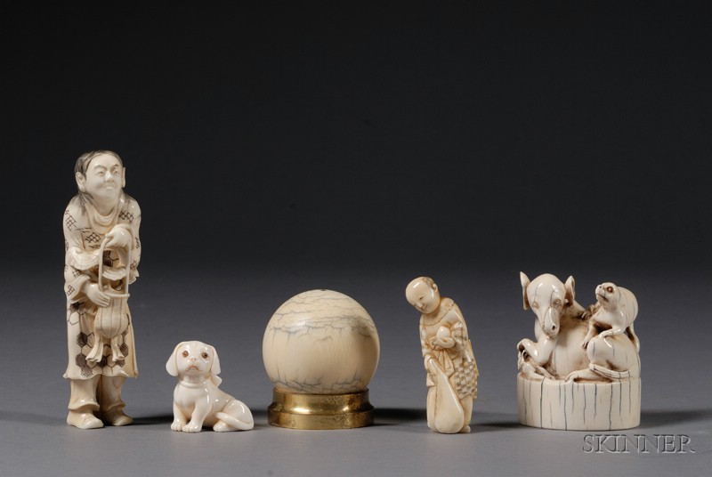 Appraisal: Five Ivory Carvings a Chinese seal with a dog and