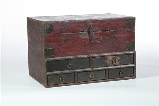 Appraisal: TRAVEL TRUNK Chinese th century Lift top with wrought iron