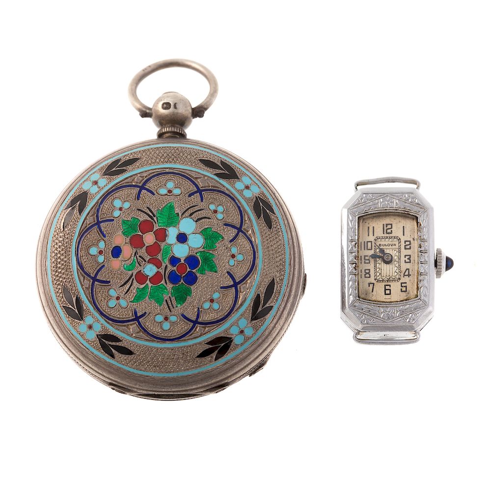 Appraisal: A Vintage Enamel Pocket Watch Ladies Bulova English silver pocket