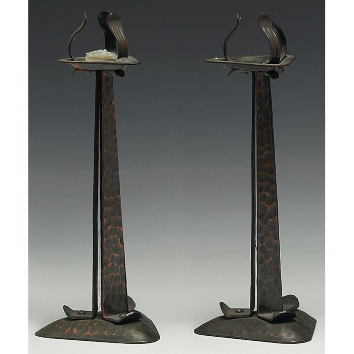 Appraisal: Arts Crafts candlesticks pair nice design triangular shape in hammered