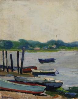 Appraisal: Blanche Hamilton Signed Coastal Scene W Boats Blanche Hamilton American