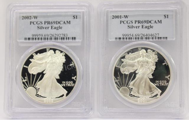 Appraisal: Two PCGS Slabbed Silver Eagles both PR DCAM including -W