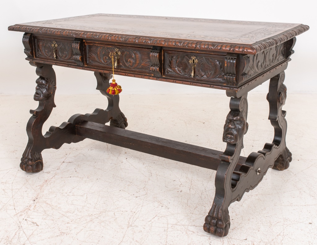 Appraisal: SPANISH RENAISSANCE STYLE CARVED OAK DESK Spanish Renaissance style oak