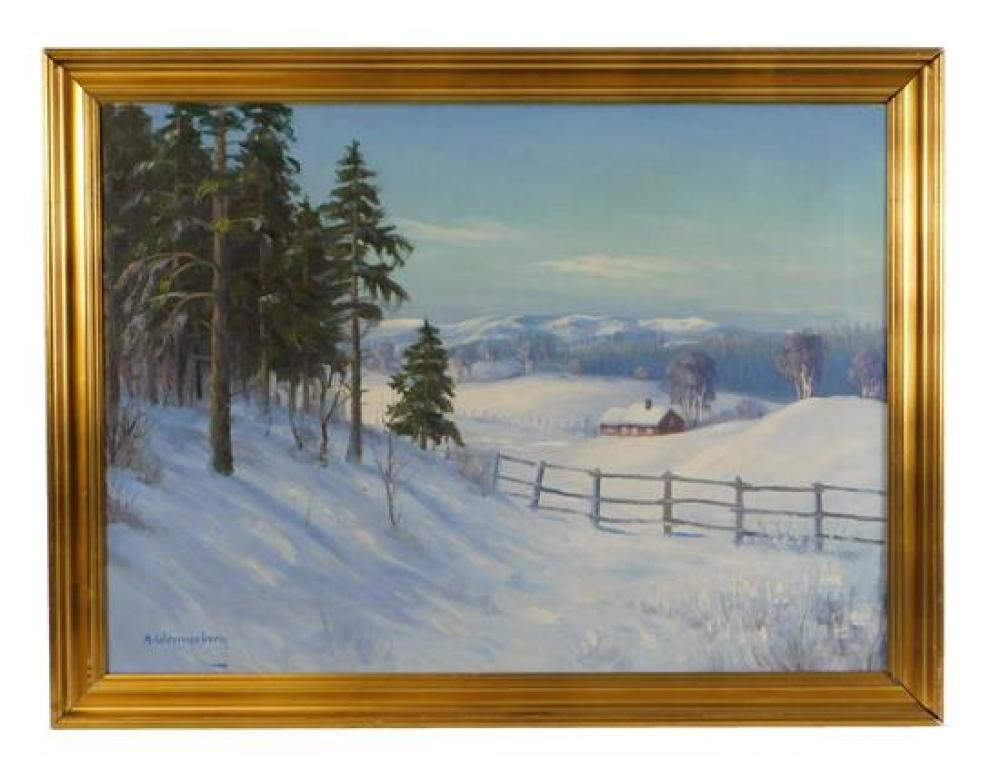 Appraisal: th C oil on canvas depicts snowy landscape with small