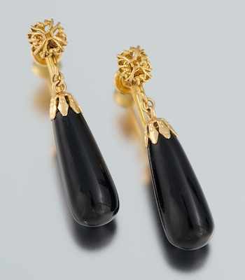 Appraisal: A Pair of Black Jade and Gold Earrings k yellow