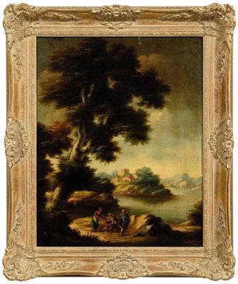 Appraisal: Italian School painting Italianate landscape with travelers beside a river