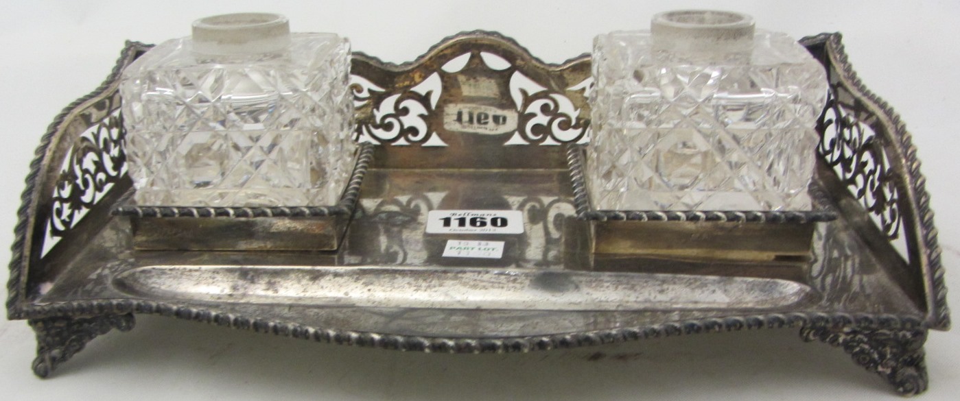 Appraisal: A silver twin bottle shaped rectangular inkstand the three raised