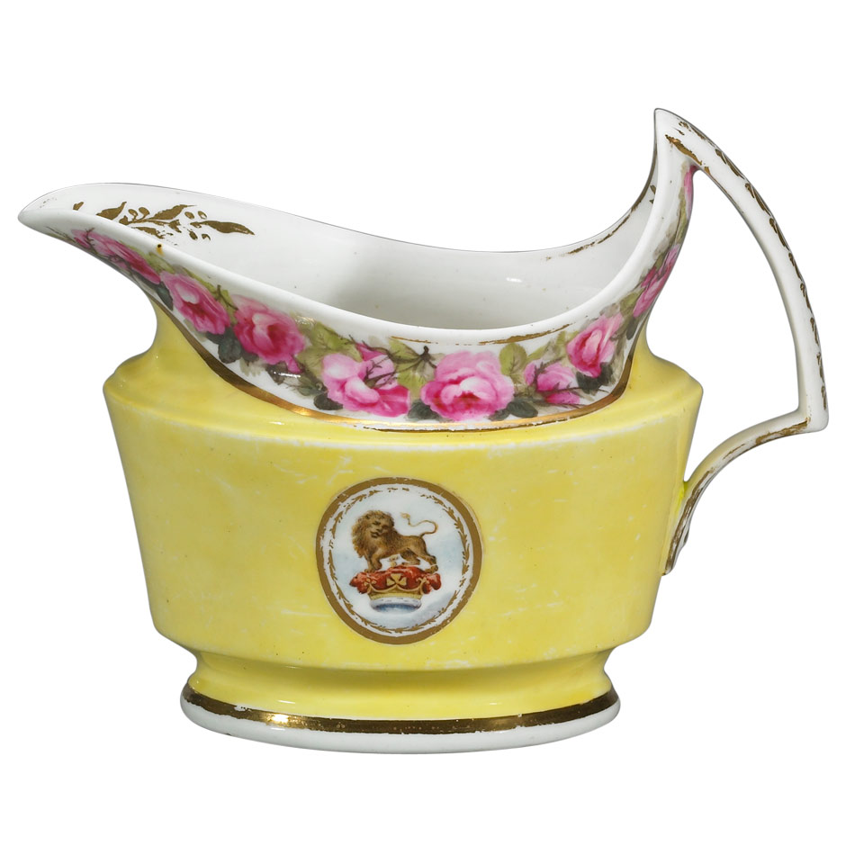 Appraisal: Derby Yellow-Ground Cream Jug c with painted crests and floral