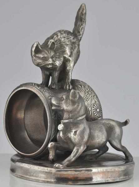 Appraisal: Large Fighting Cat Dog Figural Napkin Ring By William Rogers