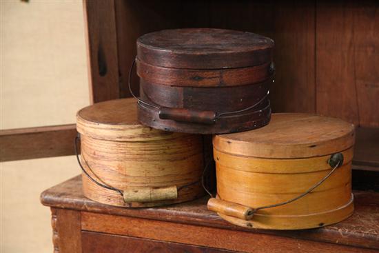 Appraisal: THREE PANTRY BOXES Lidded bentwood boxes with wire handles two