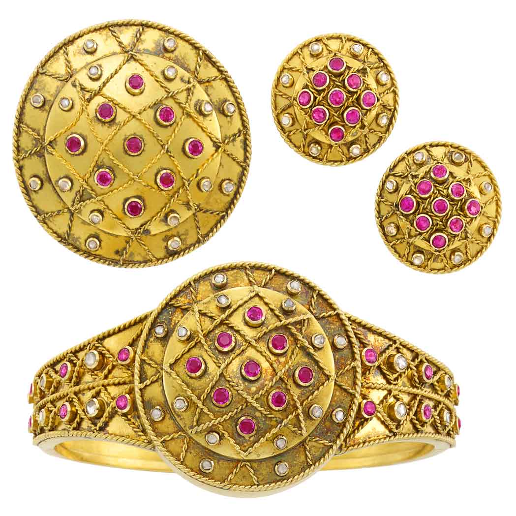 Appraisal: Antique Gold Ruby and Diamond Bangle Bracelet Brooch and Pair