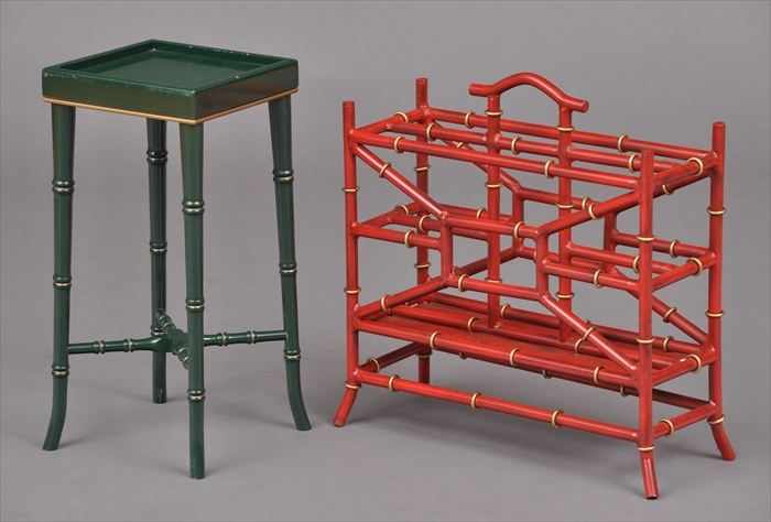 Appraisal: CHINOISERIE-STYLE RED-PAINTED AND PARCEL-GILT TOLE FAUX BAMBOO MAGAZINE RACK Together